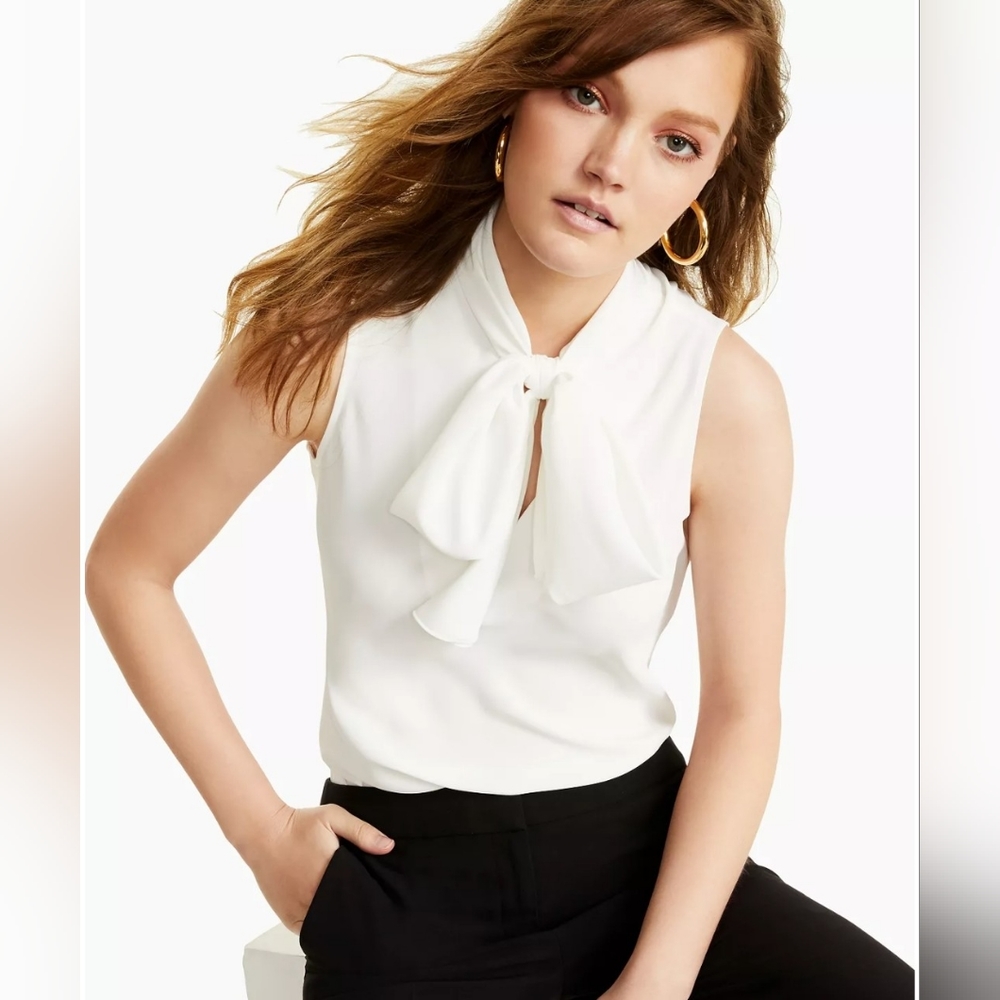 NWT! Bow Neck Tie Front Silky Smooth Women's Bar III Sleeveless Blouse S… - Picture 9 of 11